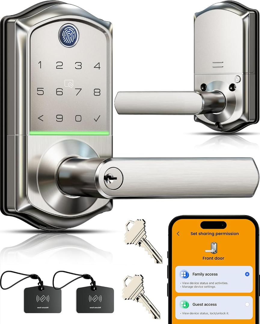 Veise VE019 Fingerprint Smart Lever Lock, App Control, Keyless Entry Door Lock with Handle, Touchscreen Keypad Knob for Front Door and Bedroom, Remote Access Sharing, IP55 Waterproof, Satin Nickel