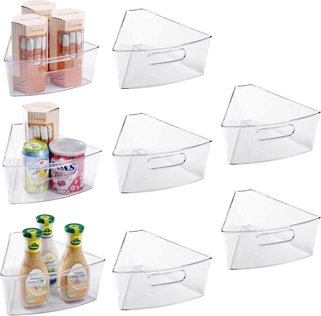 Oubonun Lazy Susan Organizers Set of 8, 12.8 x 11.7 x 4 Plastic Transparent Kitchen Cabinet Storage Bins with Handle, 4" Deep Container, 1/8 Wedge - Food Safe, without BPA