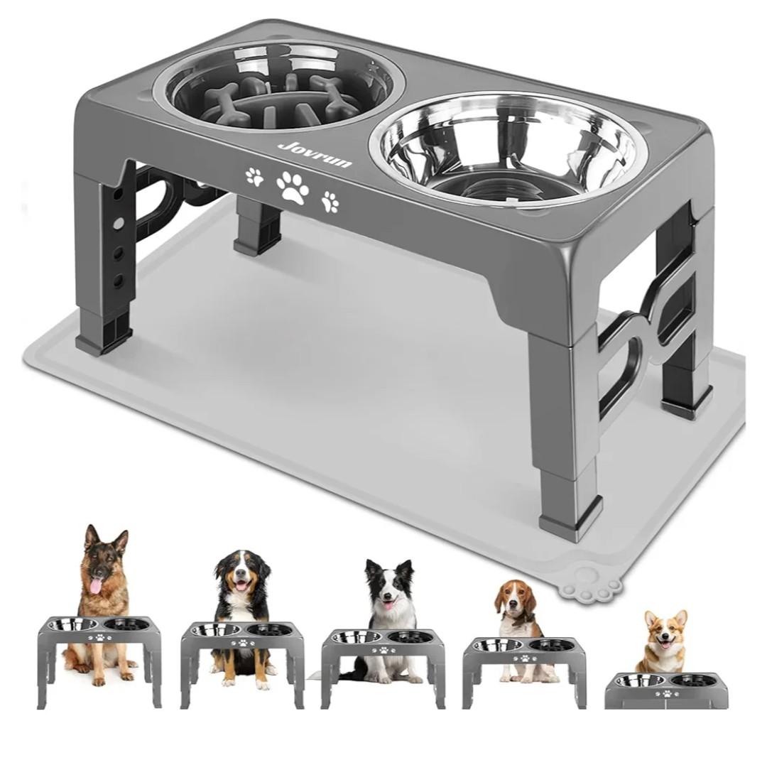 Elevated Dog Bowls, Dog Feeder with Stainless Steel Dishes & Slow Feeder Bowl, 5 Heights Adjustable Raised Stand for Medium Large, Food Dishes with Non-Slip Feet