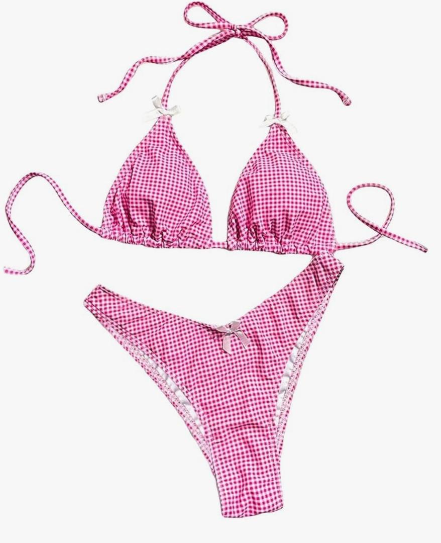 Women's Plaid Gingham Bathing Suit High Waisted Halter Triangle Swimsuit Bikini Set,XS