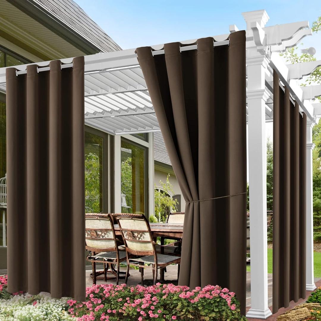 Water Proof Outside Curtains W52 x L72 with Grommet Top for Porch, Thermal Insulated Washable Light Block Outdoor Divider Drapes for Patio Gazebo Deck Pool Area Pergola Cabana (Brown, 2 Panels)
