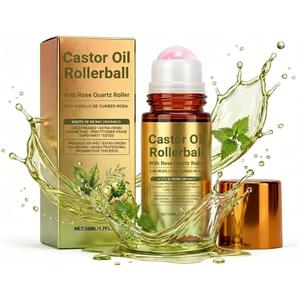 50ml Natural Organic Castor Oil Roll On Bottle, Polished Rose Quartz Massage Roller Ball, Portable Skin Nourishing Tool for Facial and Body Daily Care