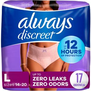 Always Discreet Adult Diapers for Women, Incontinence Underwear, Postpartum Essentials, Disposable Briefs, Max Absorbency, Bladder Leak Protection, Large, 17ct