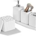 White Bathroom Accessories Set 5 Pieces, Resin Toothbrush Holders Set Complete with Soap Dispenser, Toothbrush Holder, Vanity Tray, Bathroom Tumbler and Qtip Holder for Small Spaces