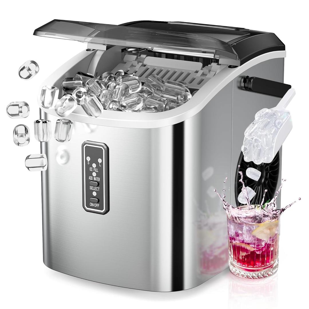 EUHOMY Ice Maker Countertop, 9 Cubes Ready in 6 Mins, 26lbs/24H, Self-Cleaning, Portable Ice Maker Machine with Carry Handle, Basket and Scoop, 2 Sizes of Bullet Ice for Home, Kitchen, Office (Stainless Steel)