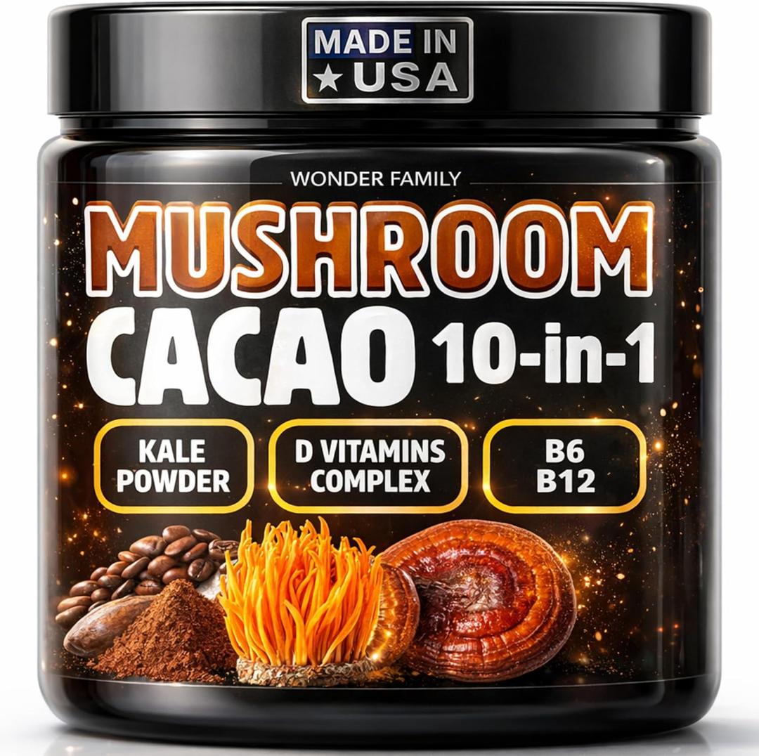 Instant Mushroom Powder 10:1 Cordyceps Mushroom Supplement with Reishi, Chaga & Shiitake Caffeine-Free Nighttime Drink with B6, B12, D + Probiotics Mushroom Cacao Organic Blend (No Sweetener)