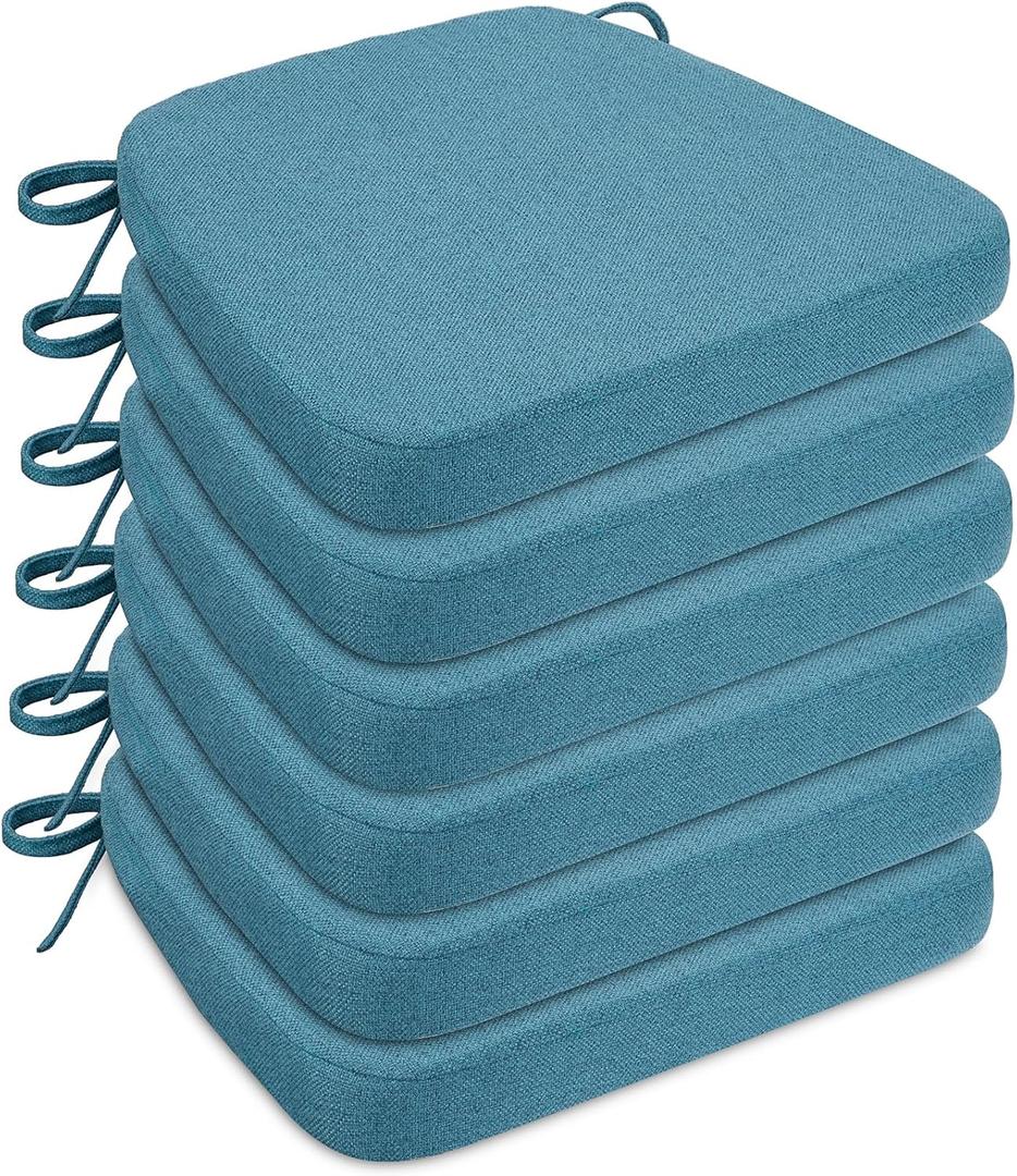 Chair Cushions for Dining Chairs, D-Shaped Seat Cushions with Removable Washable Cover and Ties, Chair Pads for Kitchen, Indoor Dining Room, Patio Chairs, 17'' x 16'', Set of 6, Blue