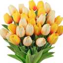 MACTING 30 PCS Artificial Tulip Flowers 13.7" Real Touch Fake PU Tulips Bouquet Faux Flowers for Floral Arrangements Table Centerpiece Home Kitchen Indoor Outdoor Summer Decor (Mix Yellow)