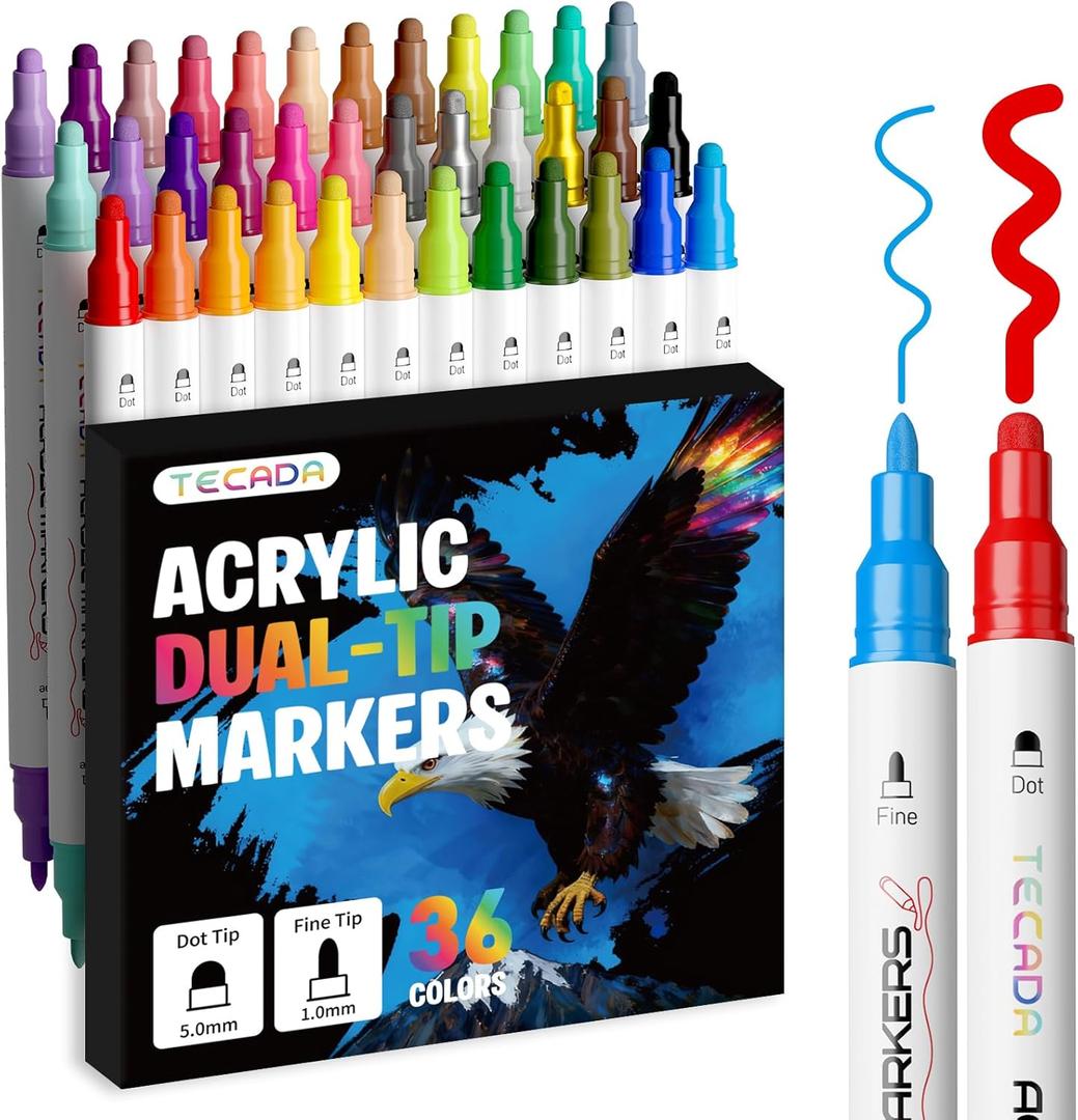 Tedeca 36 Colors Acrylic Paint Markers, Dual-Tip Acrylic Paint Pens for Fabric, Stone, Ceramic, Glass, Wood, Canvas, Metal, Rock Painting - Christmas Gift DIY Crafts Art Supplies, Fine and Dot Tip