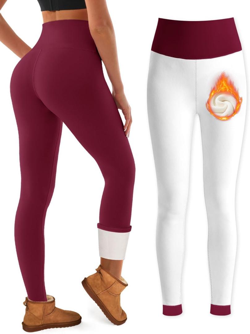 Bluemaple Fleece Lined Leggings Women High Waisted Tummy Control Thermal Warm Workout Hiking Yoga Pants for Cold Winter (Red, XL)