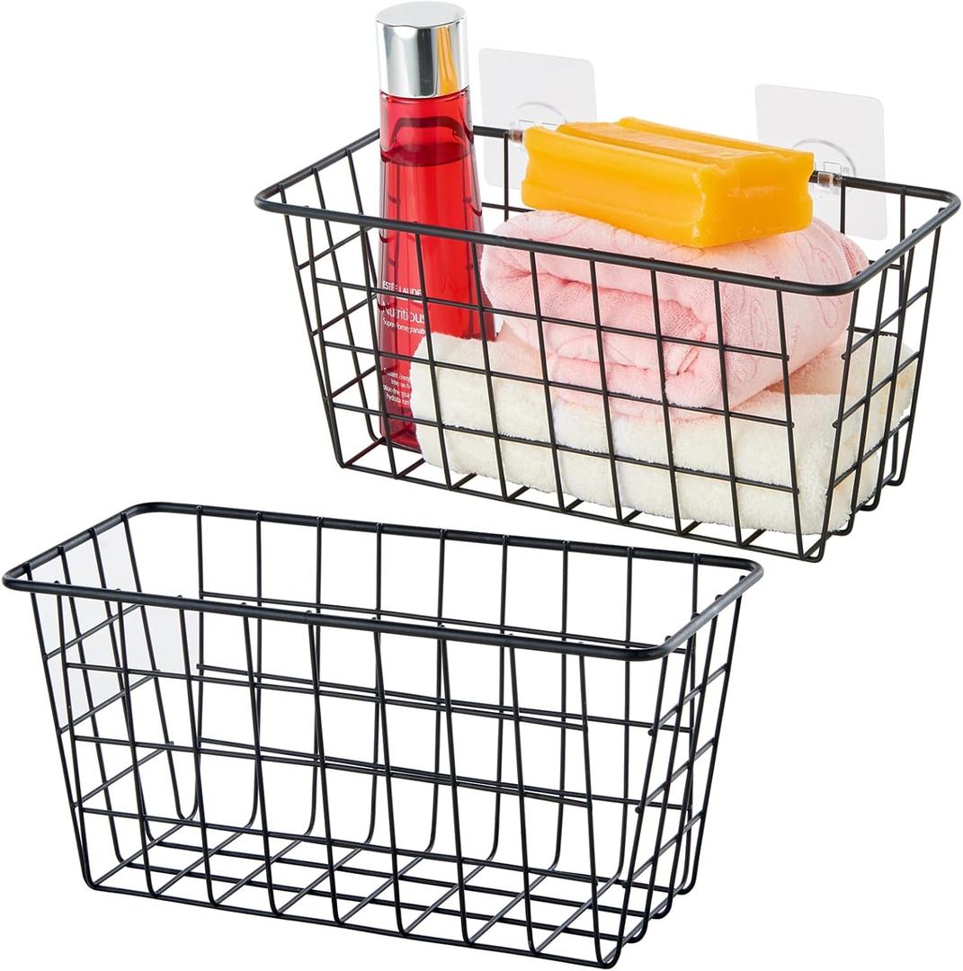 JUNCHU CHERRY 2 Pack Hanging Storage Basket, Bathroom Basket, Household Goods, with Traceless Tape, no Drilling, for Cabinet Storage, Kitchen, Bathroom, Storage Room, Black