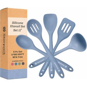 Starpack Stir and Serve Silicone Cooking Utensils Set (5-Piece, 11") - LFGB Non Toxic, 600°F Heat Resistant, BPA-Free - One-Piece Seamless, Dishwasher Safe - for Nonstick Cookware, Light Blue