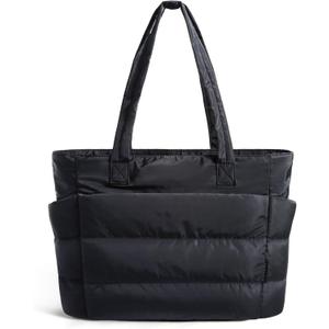 BAGSMART Tote Bag for Women, Lightweight Puffy Tote Bag with Compartments Shoulder Bag Handbag for Travel, Work, Gym | Lightweight, Puffy, Quilted, for Travel, Work (Standard, Black)