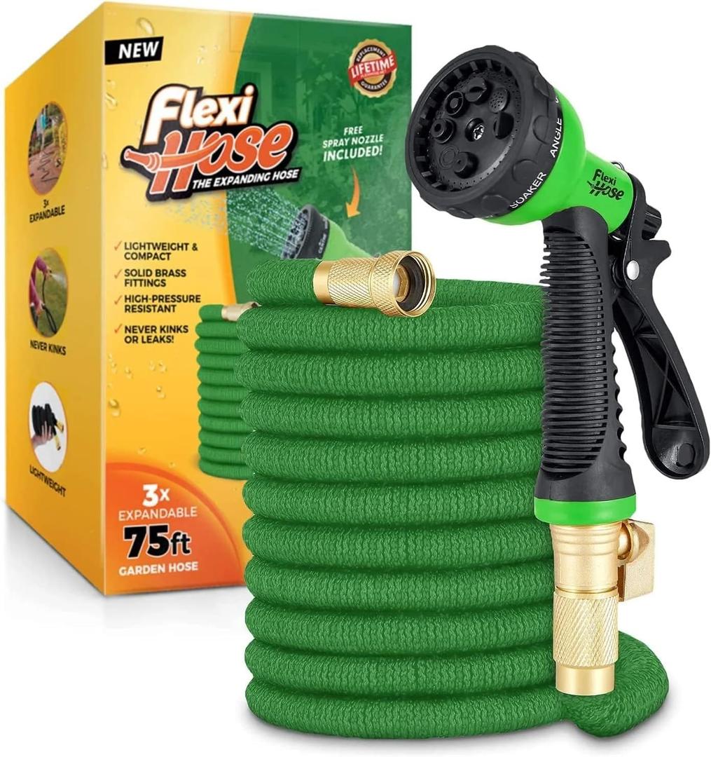 Flexi Hose with 8 Function Nozzle, 50FT - Lightweight Expandable Garden Hose, No-Kink Flexibility, 3/4 Inch Solid Brass Fittings and Double Latex Core, Green and Black