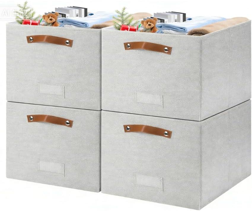 4 Pack Large Fabric Storage Bins for Shelves, Collapsible Storage Baskets with Handles for Organizing Clothes, Toys, and Household Items, Grey & White (Light Gray, 13")