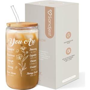 Christian Gifts for Women - Inspirational 16 Oz Can Glass Coffee Cup with Bamboo Lid & Straw - Religious Motivational Catholic Gifts for Womens Ladies (Christian You Are)