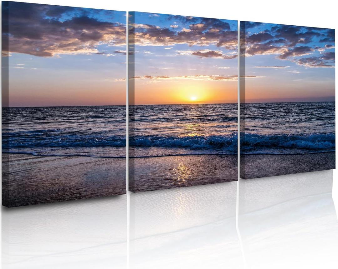 Craftline - 3 Piece Beach Coastal Wall Art for Living Room Sunrise on Blue Sea Scenery Print on Canvas Ocean Seascape Poster Modern Ocean Wave Framed Artwork for Washroom Bedroom Decor 18x24inch x3Pcs