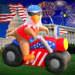 DomKom 6 FT Patriotic Independence Day 4th of July Memorial Day Inflatable Outdoor Decoration, Bald Eagle Sitting on Motorcycle, LED Lights Holiday Blow Up for Fourth of July Party Garden Yard Lawn, Large