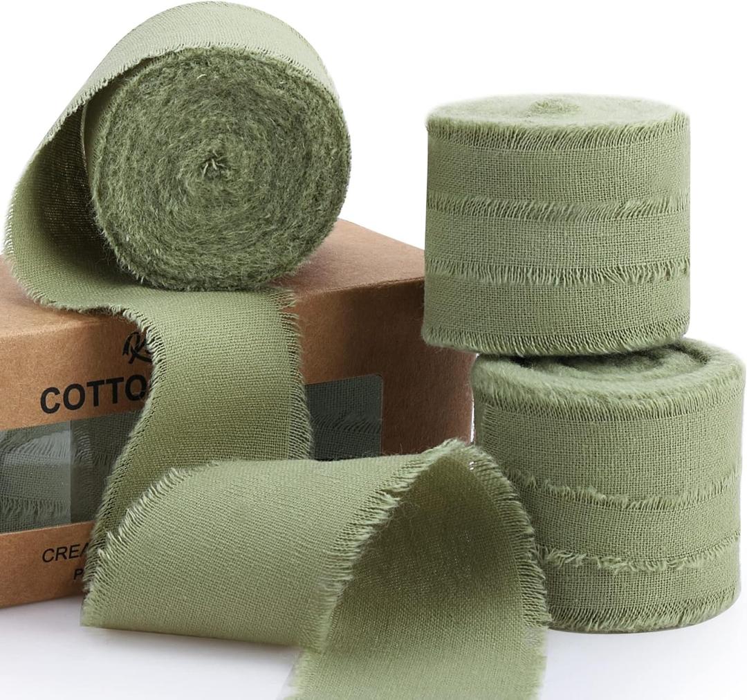 Sage Green Ribbon 1-1/2 x 15 Yards Handmade Cotton Frayed Fringe Fabric Ribbons for Crafts Flower Bouquets Wedding Baby Shower Home DIY Decor
