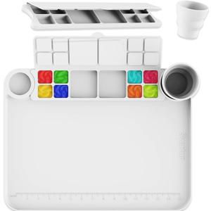 Silicone Painting Mat with Cup and Palette Removable, 17"X13" Thick Silicone Art Mat for Craft with Raised Edge for Resin DIY Making, White