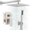 Shower Faucet Set Bathroom Square Rain Shower Head and Handle Set, Wall Mounted Shower Fixtures, Full Metal Trim Repair Kit 12 inch Brushed Nickel (With Shower Valve)