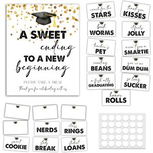 2 x Graduation Candy Buffet Labels, Golden Food Signs for Class of 2026 Table Decors, Graduation Candy Bar Dessert Label for Grad Party Supplies Decorations - A Sweet Ending to A New Beginning (A02)