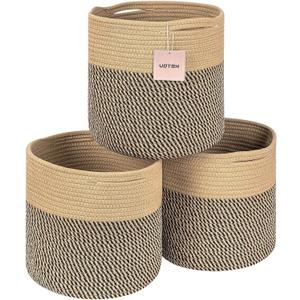 Voten Storage Cubes Baskets Bins Organizer 11x11x11'' Fit 12x12''Cube Storage Organizer Bookcases Shelf,Durable Woven Cotton Storage Basket for Organizing,Round 3Pack Camel/Mixed Black (L11xW11xH10.7)