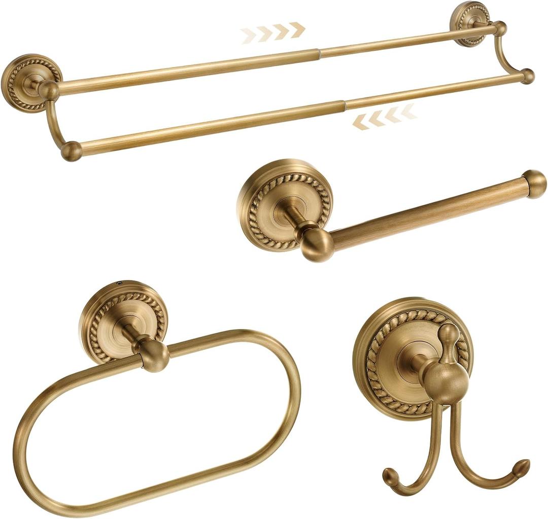 4 Pcs Antique Brass Gold Bathroom Accessories Set Wall-Mounted Towel Rack & Towel Ring & Toilet Paper Holder & Robe Hook, Wall Mounted Brass Vintage Bath Hardware Fixture Set(Double) (Style 2)