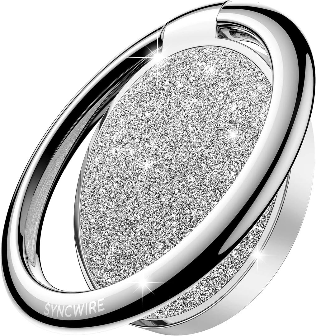 Syncwire Cell Phone Ring Holder Stand, Bling Bling Finger Ring Kickstand 360 Rotation Sparkle Phone Grip for Magnetic Car Mount Compatible with iPhone, Samsung, Pixel, All Smartphones - Glitter Silver