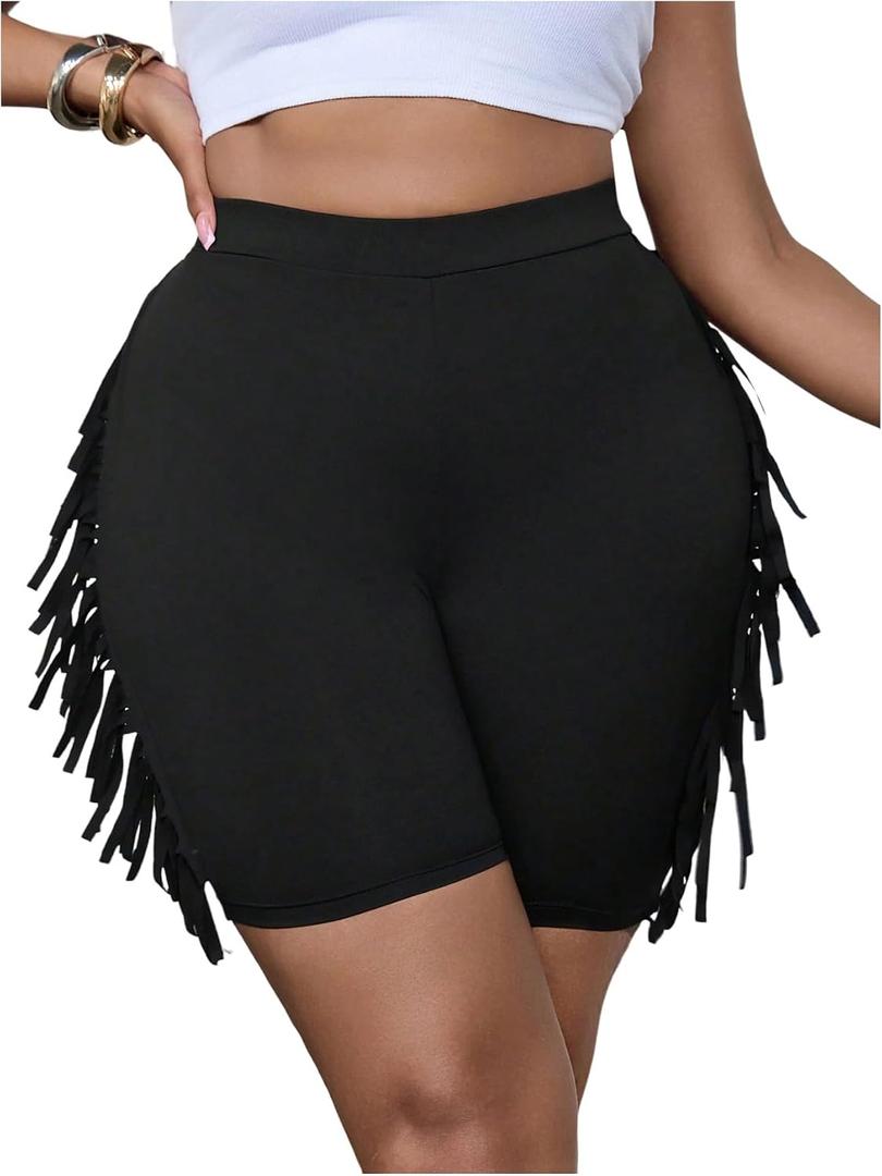 SOLY HUX Women's Plus Size Fringe Shorts Elastic High Waisted Skinny Shorts Going Out Country Concert Outfits, Large Plus