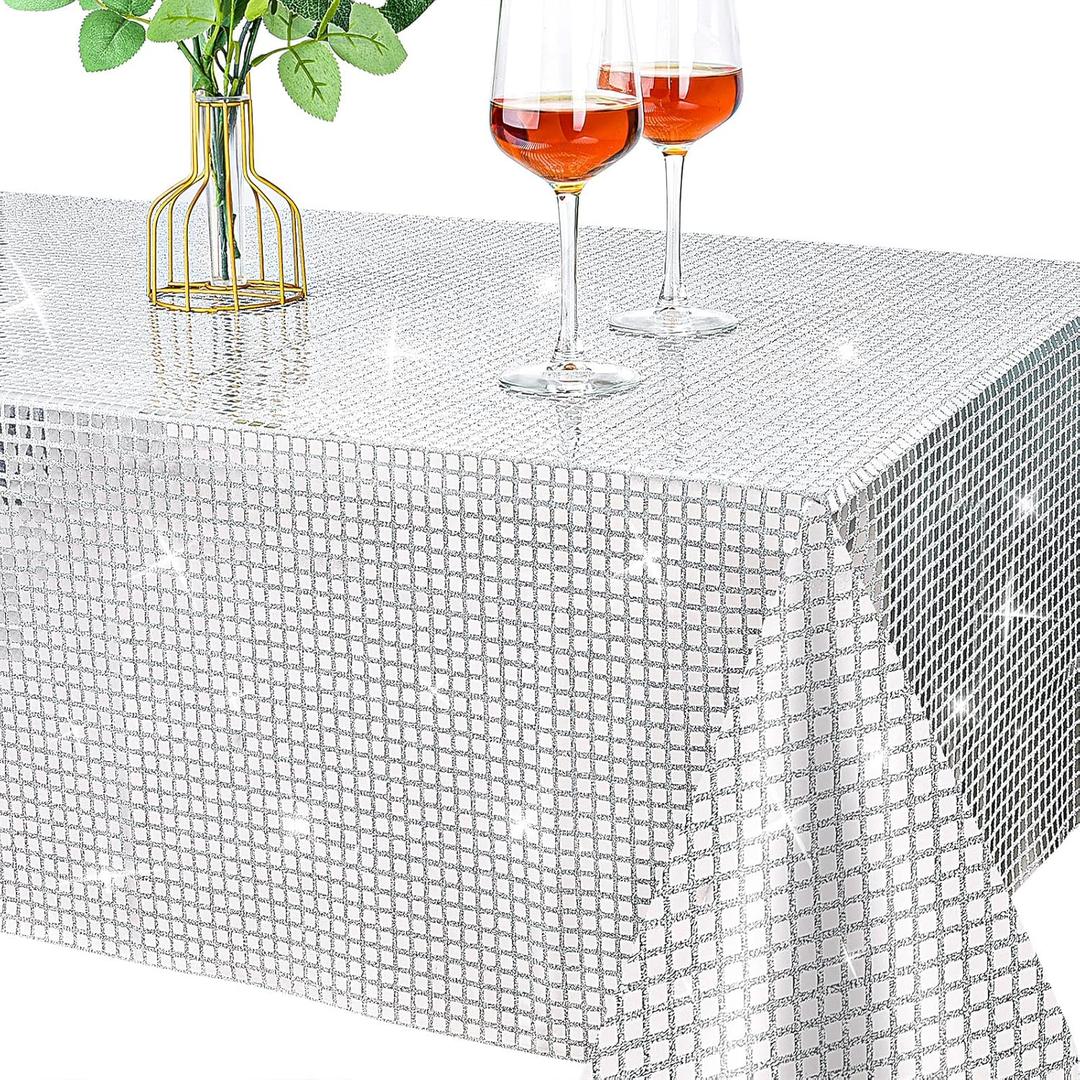 54 x 108 Inches Disco Party Tablecloth Mirror Silver Foil Table Cloth Glitter Metallic Table cover Sparkle Table Runner for 70s 80s Disco Dance Party Wedding Home Decorations