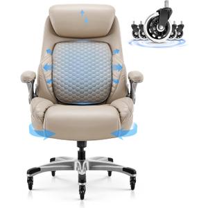 COLAMY Office Ergonomic Desk High Back Executive Chair with Pop-Out Lumbar Support, Upgraded Casters, Adjustable Headrest, Flip-Up Arms, Leather Home with Thick Cushion - Khaki