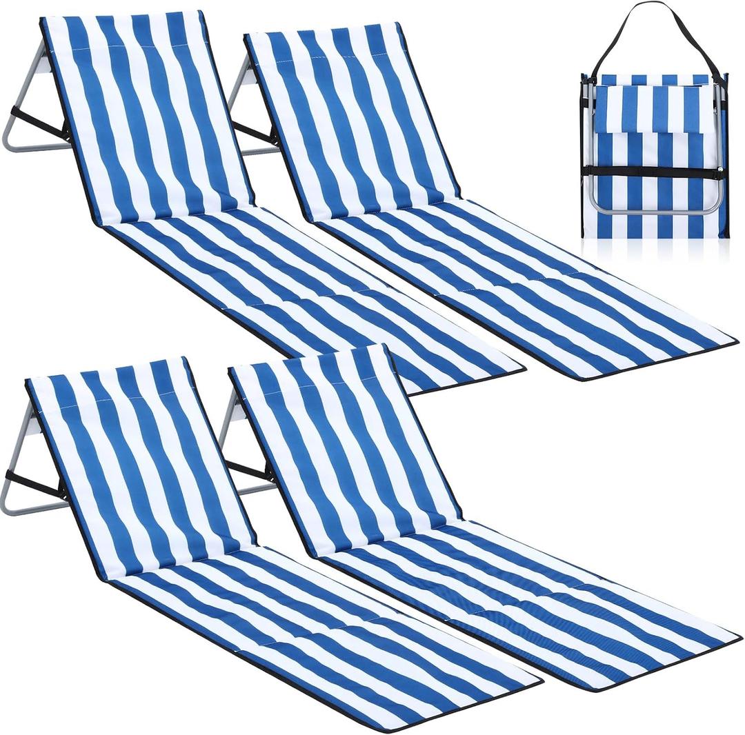 DoubleFill 4 Pcs Portable Beach Lounge Chairs Lightweight Beach Lounger for Adults Foldable Chair with Adjustable Backrest and Zipper Pocket Soft Mat Chair for Travel Tanning Sunbathing