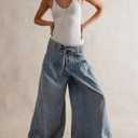 CHARTOU Women's Baggy Wide Leg Denim Pants Drawstring Midi Waisted Flare Jeans Ruffle Pleated Button Jeans (Medium)