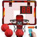HYES Basketball Hoop Indoor, Mini Basket Ball Hoop with 7 LED Lighting, Scoreboard, Over Door Basketball Hoop with 3 Modes, Volume Adjustable, Foldable, Basketball Toys Gifts for Kids Adults (red- with remote controller)