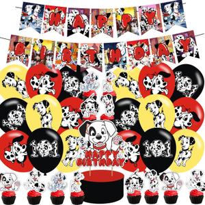 101 Dogs Birthday Party Supplies: Cake Caps, Cupcake Caps, Flags, Latex Balloons - Red, Black, White - Dog Themed - Includes 12 Cupcake Toppers, 1 Big Cake Topper, Banner, 18" Balloons