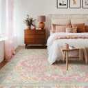 Kokia 8x10 Washable Area Rugs Blossom Pink with Vintage Orient Design Soft Rug for Living Room or Bedroom Non-Slip Low Pile Stain Resistance Features Distressed Medallion Pattern