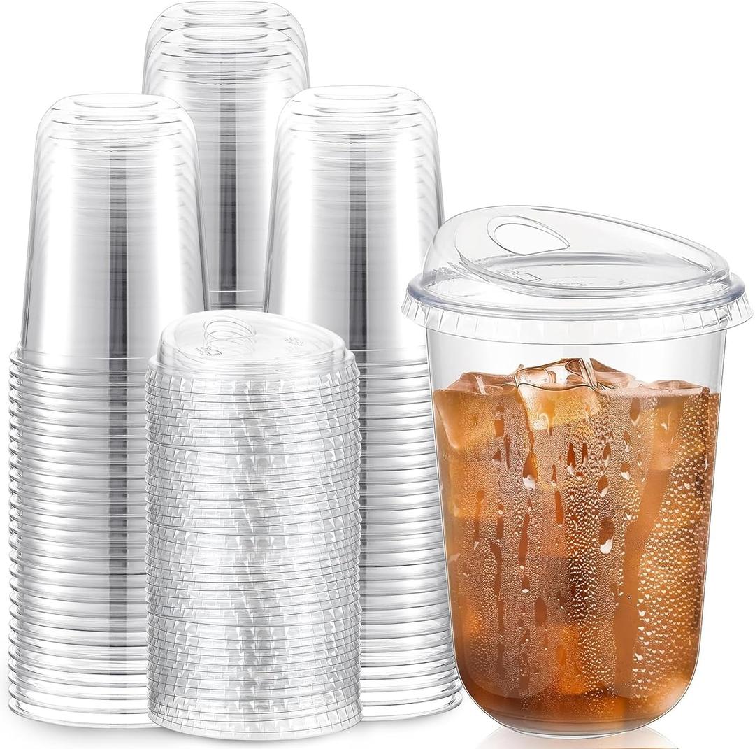 Baderke 100 Pcs Plastic Cups with Sip Lids Round Bottom Disposable Plastic Coffee Cups with Lids Clear Straw less Crystal Mugs for Iced Coffee Smoothie Cold Beverage Party Catering Supplies (16 oz)