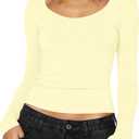 BAIGRAM Women Basic Long Sleeve Scoop Neck Crop Tops Y2K Tight Slim Clean Fit Workout Tshirt Fall Trendy Going Out Gym Shirt Cream Yellow (L)