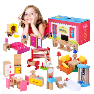 Premium Wooden Dollhouse Furniture Set –49PCS, 7 Rooms– Doll House Furniture and Accessories Set