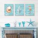 SEVEN WALL ARTS 3pcs Coastal Wall Art Marine Picture Ocean Animal Print Teal Seashell Conch Sealife Artwork for Bathroom Living Room Bedroom Decor