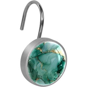 12 Pcs Decorative Shower Curtain Hooks, Rust Proof Glass Surface Stainless Steel Rings for Bathroom Bedroom Kitchen Home Bath Room Rods Decor (Light Green Gold Marble)