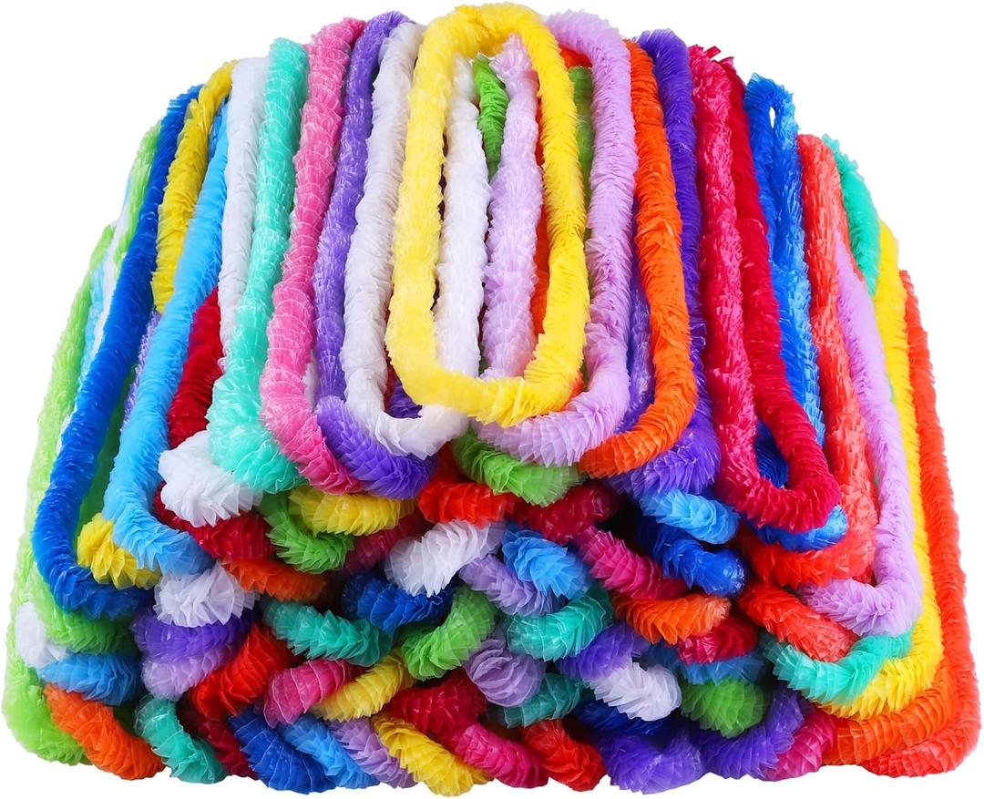 Elcoho 144 Pieces Plastic Leis Bulk in Bright Colors Lei Necklaces Assortment Tropical Decorations for Hawaiian Themed Party Favors with 12 Colors