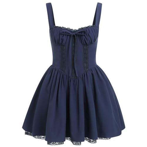 ABEHIK Cocktail Dresses for Women Corset Dress Sexy Short Romper Summer Dresses Sleeveless Low Cut Floral Lace Dress Ruffle Wedding Guest Party Going Out A Line Casual Bustier Sundress Navy Blue M