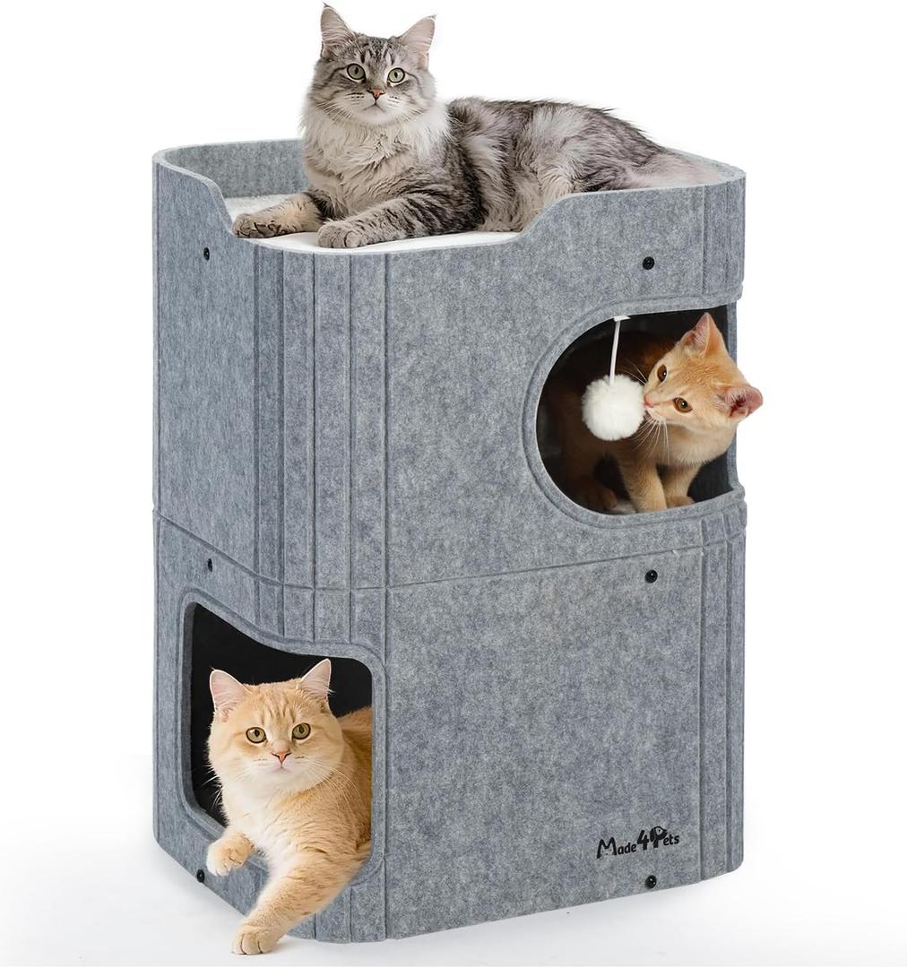 Made4Pets Cat House for Indoor Use, 2-Storey Cube Bed Cave, Covered Hideaway Condo with Scratch-Resistant Felt, Foldable Easy-to-Clean Design for Multi-Cat Homes, Grey (17.3L x 13.8W x 23.6H)