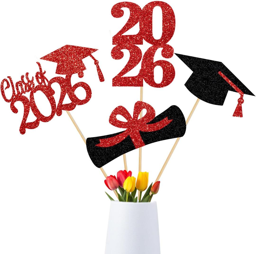 24Pcs Red 2025 Graduation Centerpieces Sticks, Graduation Party Centerpieces for Tables 2025 Red Class of 2025 Table Centerpieces Decorations