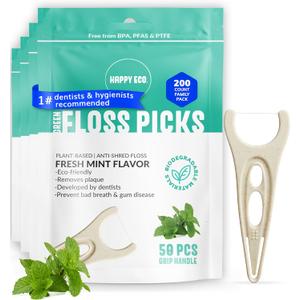 Biodegradable Floss Picks (200pcs) - Natural Dental Floss - Nontoxic Plant Based Floss Sticks for Adults & Kids - Vegan Tooth Pick Flossers - Single Thread Mint (50 Count (Pack of 4))