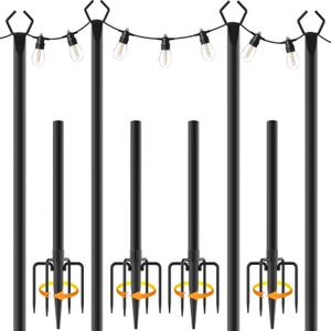 AILBTON 10Ft String Light Poles 4 Pack, Light Poles for Outside Lights,Outdoor with Fence Brackets Hanging Lights, Metal Stand Deck Patio Backyard
