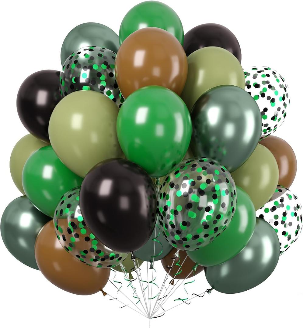 2 x Green Brown Safari Balloons, 50 Pcs Metallic Olive Green Coffee Black Balloons, Sage Green Confetti Balloon for Jungle Camo Army Hunting Graduation Birthday Decoration Supplies