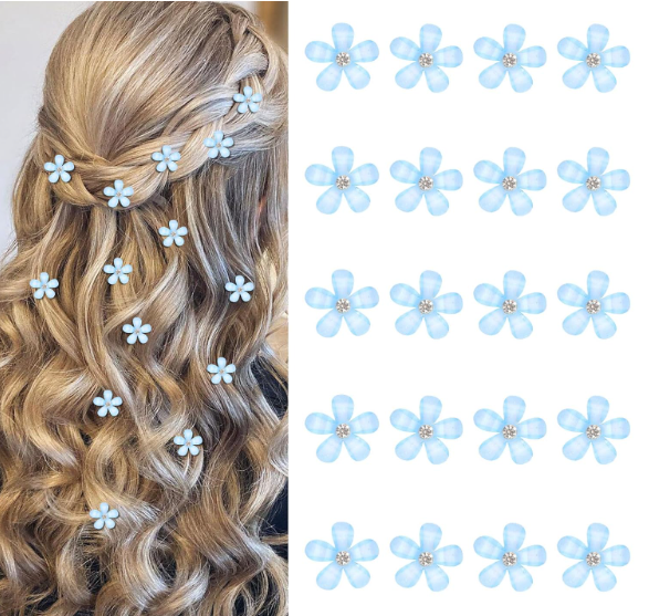 YISSION Hair Clip 20Pcs, Mini Blue Flower with Rhinestone, Cute Hair Clips, Decorative Hair Barrettes, Wedding Hair Accessories for Girls Women